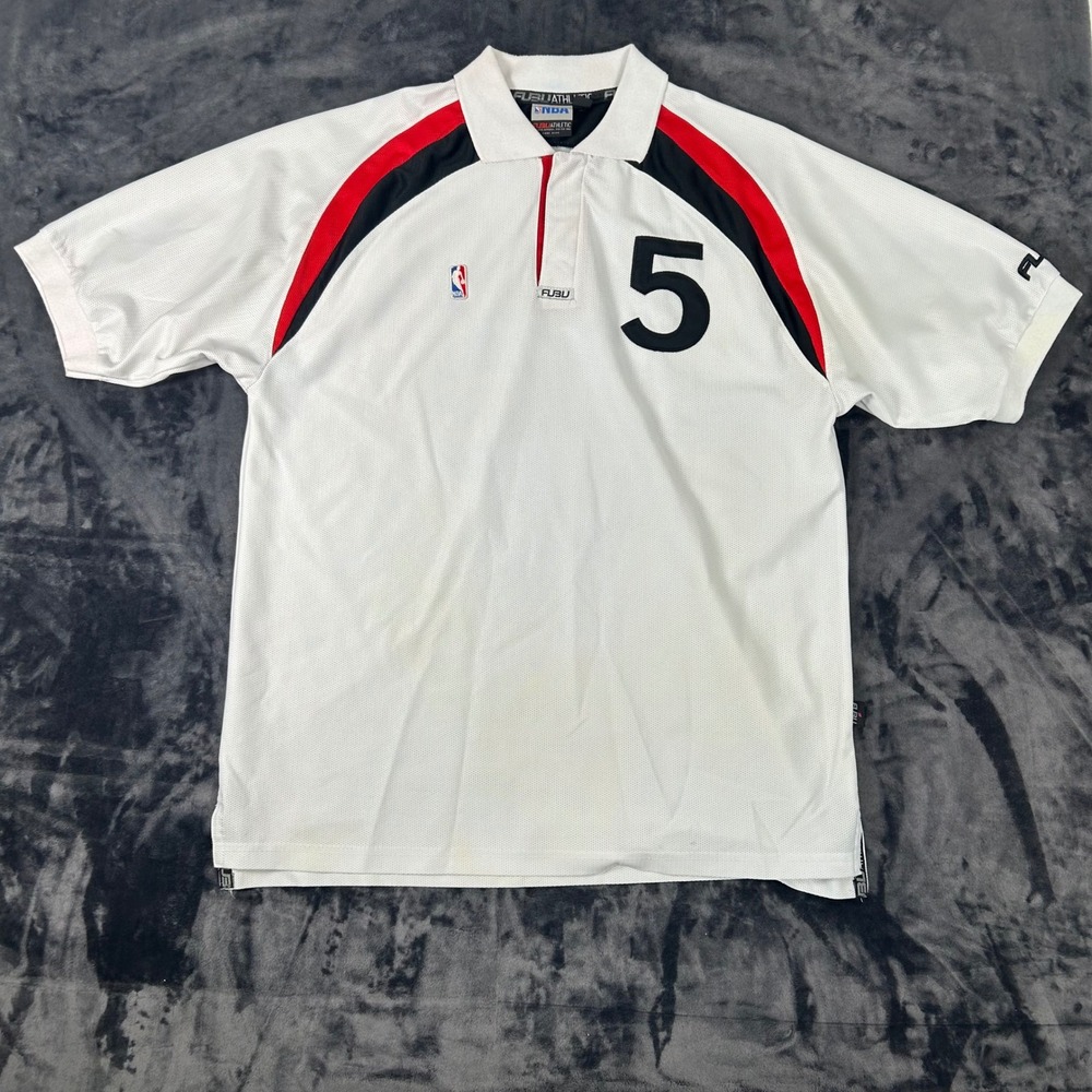 FUBU NBA Jersey Polo Shirt Mens XL White Red Black Mesh Number 5 Vintage 90s